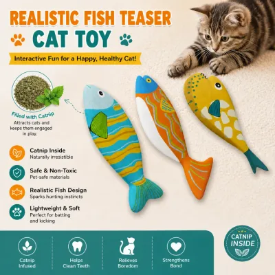 Realistic fish teaser cat toy with catnip filling for interactive indoor cat entertainment