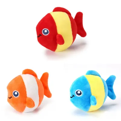 Cute Plush Fish Cat Toy Set for Indoor Cats | Soft Catnip Fish Toys Bulk | Petfairs Colorful plush fish cat toys for indoor cats with soft fabric and cute cartoon fish designs in red, orange, and blue styles.