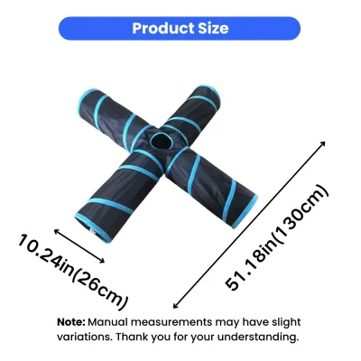 Size dimensions of foldable 4-way cat tunnel toy measuring 51.18 inches long and 10.24 inches wide