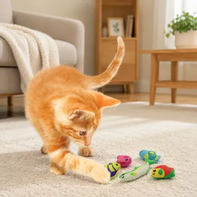 Ginger kitten playing with colorful plush fish toys on a living room carpet