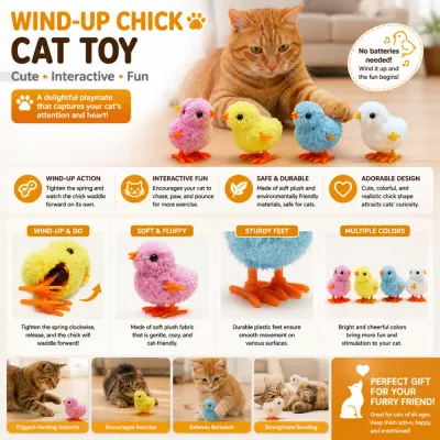 Interactive wind-up plush chick cat toy with soft fabric, sturdy feet, and colorful design for indoor cats
