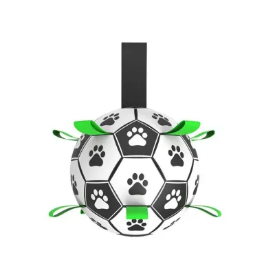 Black and white interactive dog soccer ball toy with nylon tabs for tug and fetch training