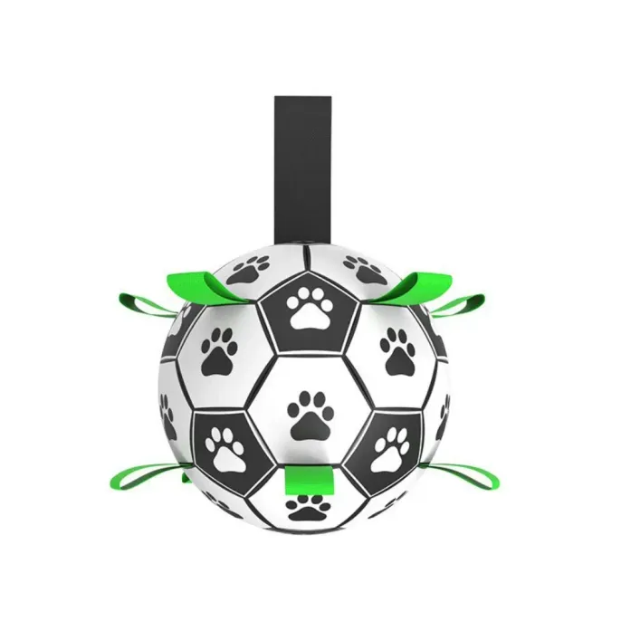 Black and White Dog Soccer Ball Toy with Tabs Black and white interactive dog soccer ball toy with nylon tabs for tug and fetch training