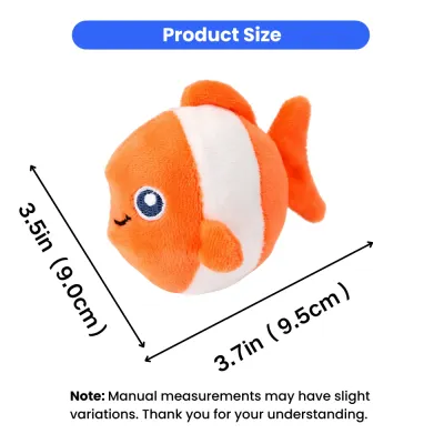 Plush Clownfish Cat Toy Size Chart 3.7in 9.5cm | Petfairs Plush clownfish cat toy size guide showing 3.7 inch 9.5 cm dimensions for cats