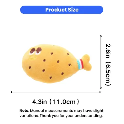 Chicken Leg Plush Cat Toy Size Guide 4.3in x 2.6in | Petfairs Chicken leg plush cat toy size chart showing 4.3 inch length and 2.6 inch height dimensions