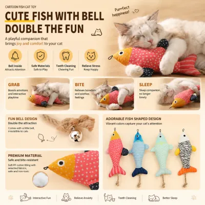 Interactive Fish Cat Toy with Bell and Catnip Features | Petfairs Interactive fish-shaped cat toy detail page showing bell design, PP fiber filling, and stress relief features