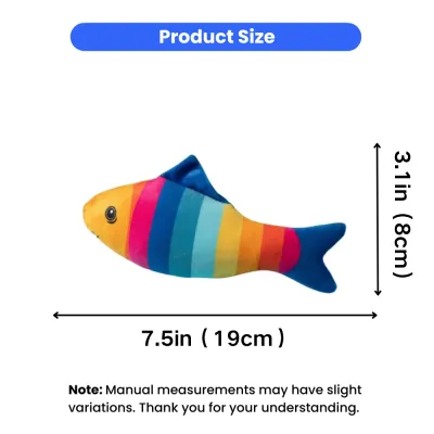 Catnip Fish Toy Size Chart for Cats Catnip plush fish toy measuring 7.5 inches long and 3.1 inches high for indoor cats