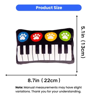 Size chart of piano-shaped plush cat toy measuring 8.7 inches by 5.1 inches for kittens