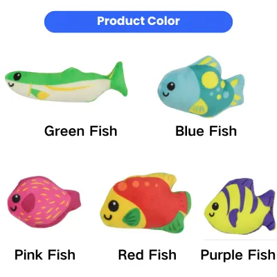 Multiple color options of plush fish cat toys including green, blue, pink, red, and purple fish designs