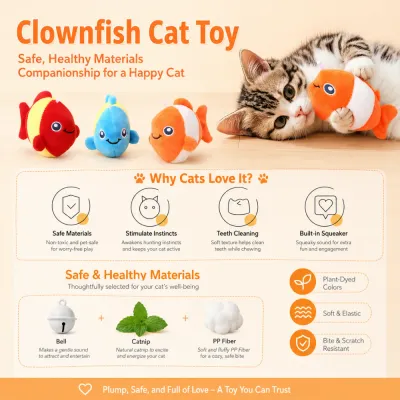 Interactive Clownfish Cat Toy with Catnip and Bell | Petfairs Plush clownfish cat toy with catnip PP Fiber filling and built in bell for interactive cat play