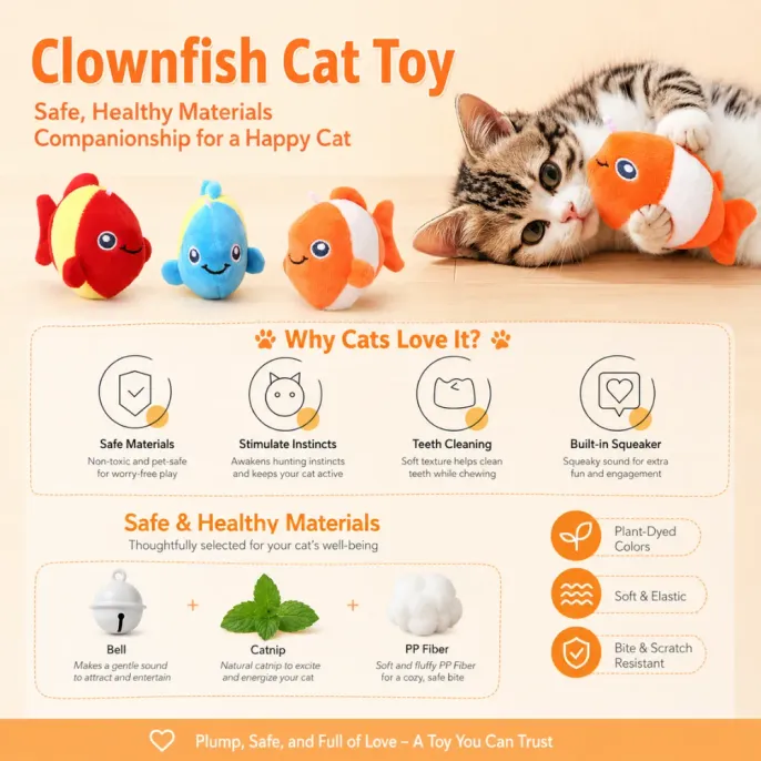 Plush clownfish cat toy with catnip PP Fiber filling and built in bell for interactive cat play