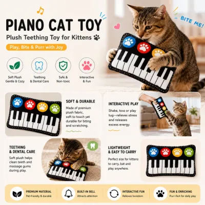Kitten playing with plush piano cat toy designed for teething, dental care, and interactive indoor fun