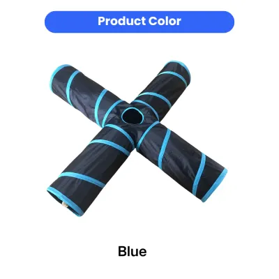 Blue collapsible pet tunnel toy for cats with durable fabric and interactive play structure