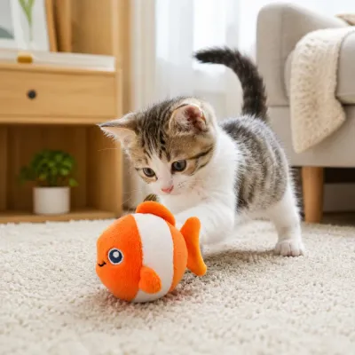Kitten Playing with Plush Clownfish Cat Toy Indoors | Petfairs Cute kitten playing with orange plush clownfish cat toy on living room carpet