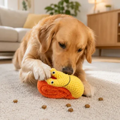 Golden Retriever Playing with Plush Snuffle Snail Dog Toy Golden Retriever using plush snuffle snail dog toy indoors for treat seeking and enrichment play