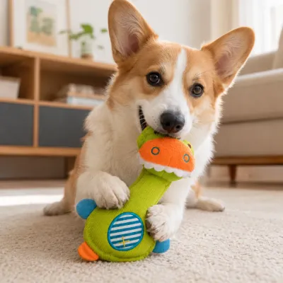 Corgi dog chewing green dinosaur plush squeaky toy in indoor living room setting