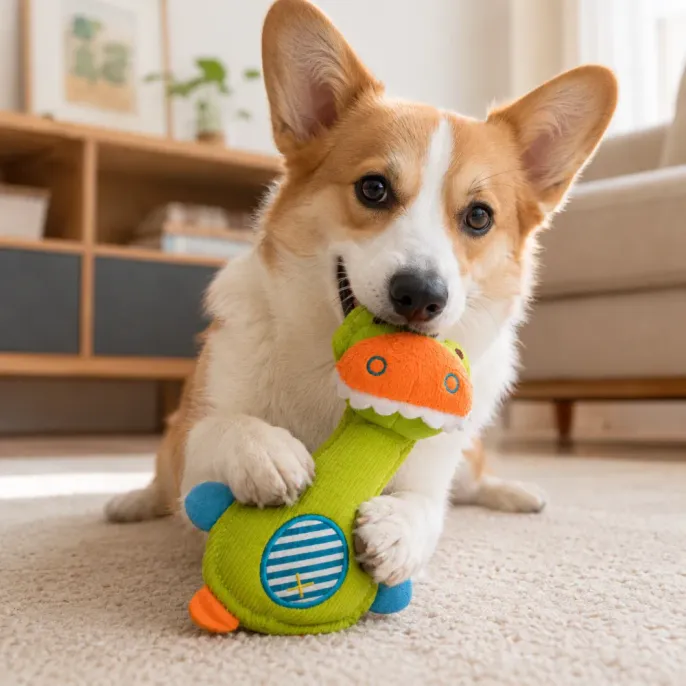 Corgi dog chewing green dinosaur plush squeaky toy in indoor living room setting