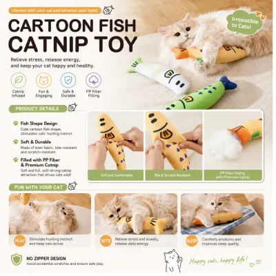 Indoor Cat Playing with Plush Fish Catnip Toy Fluffy indoor cat hugging and playing with soft cartoon fish catnip toys on carpet