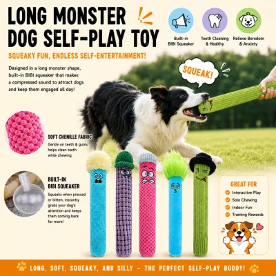 Border collie dog playing tug game with long squeaky monster plush dog toy outdoors