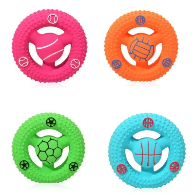 Colorful textured squeaky dog flying disc toys for interactive fetch and chewing play