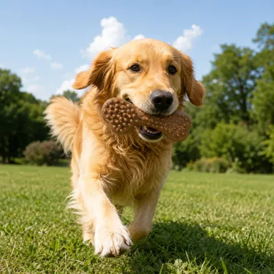 Golden Retriever Playing with Durable Dog Chew Bone Outdoors Golden retriever carrying textured bone shape dog chew toy while playing outdoors on grass
