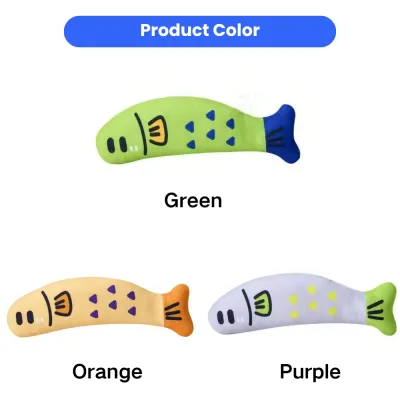 Cartoon Fish Catnip Toy Color Options for Indoor Cats Cartoon fish catnip toy available in green orange and purple colors for indoor cats