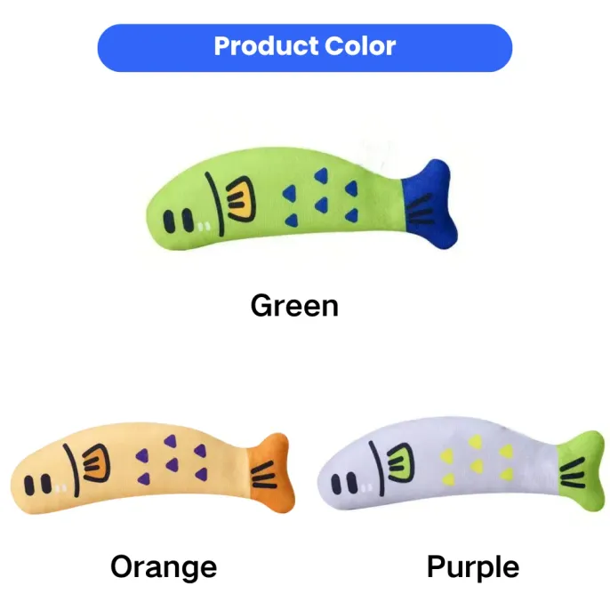 Cartoon Fish Catnip Toy Color Options for Indoor Cats Cartoon fish catnip toy available in green orange and purple colors for indoor cats