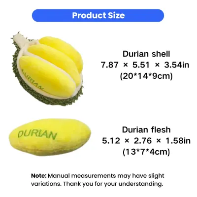 Plush Durian Dog Toy Size Chart with Inches and CM Size dimensions of plush durian dog toy shell and removable flesh pieces in inches and centimeters