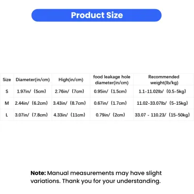 Rubber Treat Dispensing Dog Toy Size Chart Size chart for rubber treat dispensing dog toy with rope handle and feeding hole dimensions