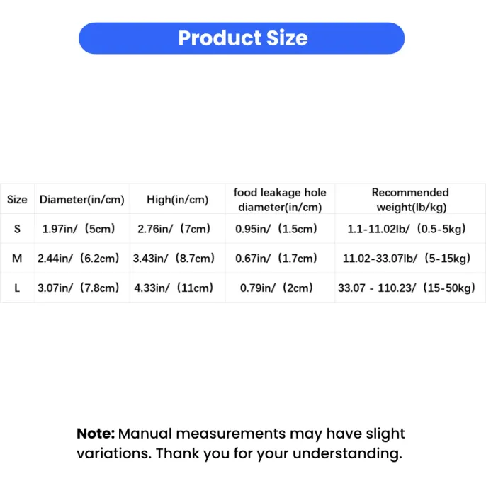 Rubber Treat Dispensing Dog Toy Size Chart Size chart for rubber treat dispensing dog toy with rope handle and feeding hole dimensions