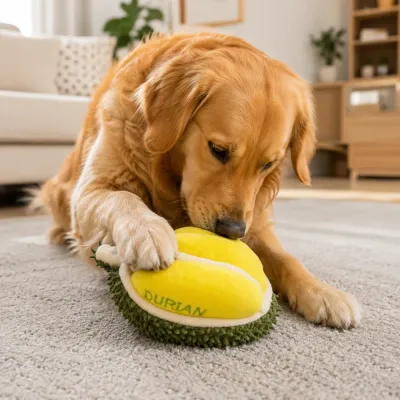Golden Retriever Playing with Plush Durian Dog Toy Indoors Golden retriever chewing a plush durian dog toy on a living room carpet indoors