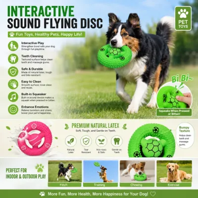 Dog carrying green squeaky flying disc toy during outdoor fetch training