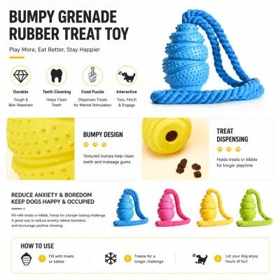 Bumpy Grenade Rubber Treat Dispensing Dog Toy Durable grenade shaped rubber dog toy with rope for teeth cleaning and treat dispensing