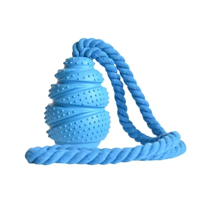 Blue Rubber Rope Dog Treat Toy Blue textured rubber rope dog toy for aggressive chewers and interactive play