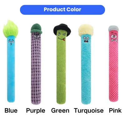 Multiple color options of long squeaky monster dog toys including blue, purple, green, turquoise, and pink styles