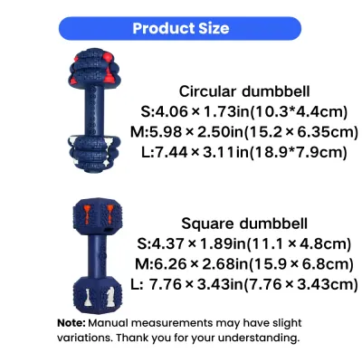 Size Guide for Natural Rubber Dog Chew Dumbbells Product size chart for circular and square rubber dog chew dumbbell toys with inch and cm measurements