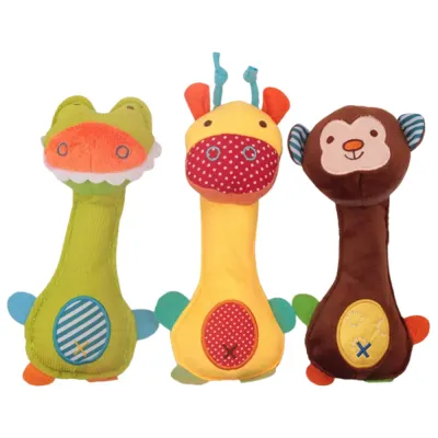 Plush squeaky dog rattle toys in dinosaur giraffe and monkey designs for interactive chewing and play