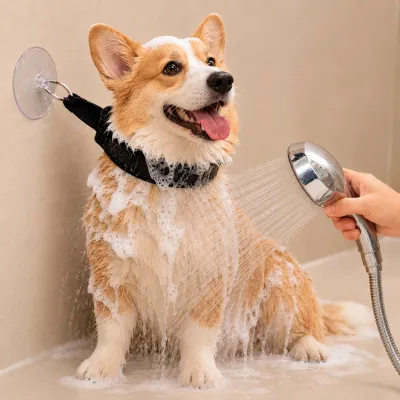 Dog Bathing Restraint Harness for Grooming and Shower Control | Petfairs Corgi dog wearing bathing restraint harness with suction cup during pet shower grooming session