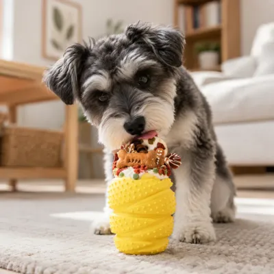 Dog Playing with Treat Dispensing Rubber Toy Small dog licking treats from yellow rubber enrichment toy indoors