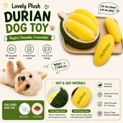 Interactive Plush Durian Dog Toy with Squeaker and Crinkle Paper Interactive plush durian dog toy with squeaker, crinkle paper, and soft chewable fabric for dogs