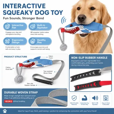 Durable Interactive Squeaky Dog Tug Toy Features Golden retriever playing with shark squeaky tug dog toy featuring durable woven strap and rubber handle