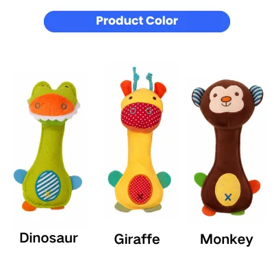 Color options of plush squeaky dog toys including dinosaur giraffe and monkey characters