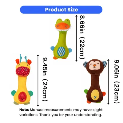 Size dimensions of plush squeaky dog toys in dinosaur giraffe and monkey styles with inch and cm measurements