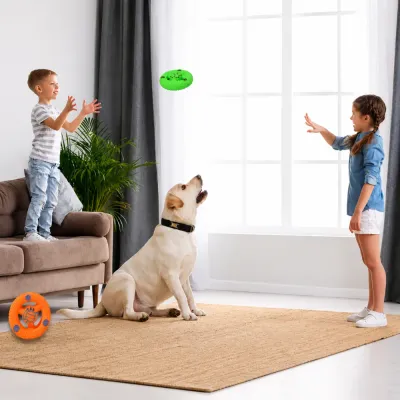 Kids and dog playing with squeaky flying disc toy indoors