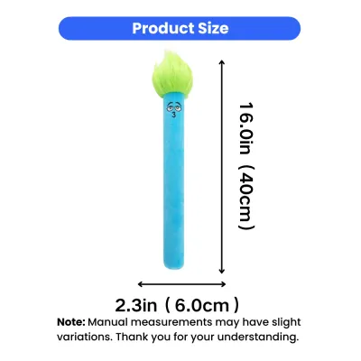 Size guide of long plush squeaky dog toy measuring 16 inches long and 2.3 inches wide