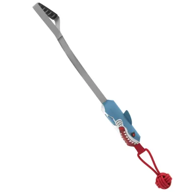 Shark Interactive Tug Dog Toy with Rubber Handle Long shark squeaky tug dog toy with non-slip rubber handle and rope ball for interactive training play