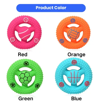 Red orange green and blue squeaky dog flying disc toy color options