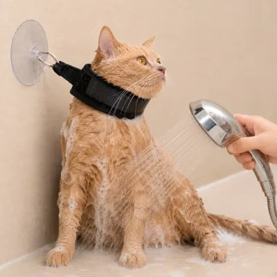 Cat Bathing Restraint in Use During Pet Shower Grooming | Petfairs Orange cat wearing bathing restraint harness while being showered in a pet grooming bathroom