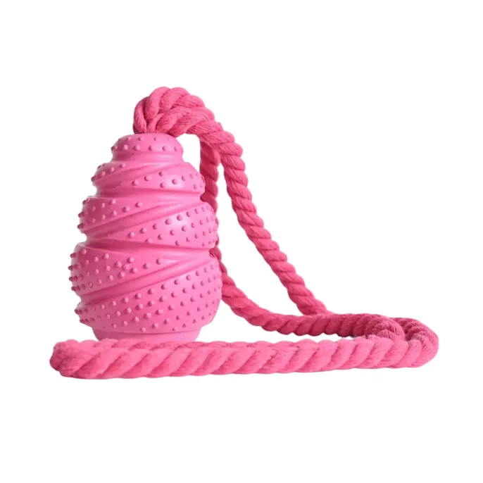 Pink Rubber Rope Dog Chew Toy Pink rubber dog chew toy with rope handle for teeth cleaning and fetch training