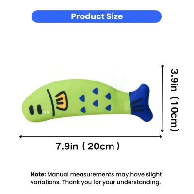 Cartoon Fish Catnip Toy Size Guide for Cats Size chart of cartoon fish catnip toy measuring 7.9 inches and 3.9 inches for cats